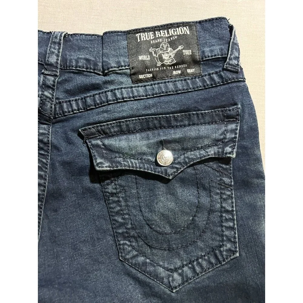 True Religion Geno Relaxed Slim Jeans Mens 34x25 Blue‎ Dark Wash Flap Pockets.